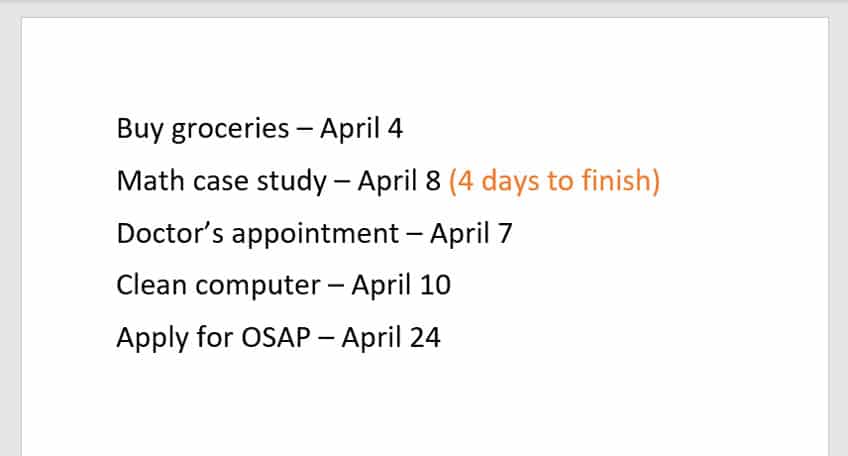 Examples of tasks due in the next month with completion time rearranged 2