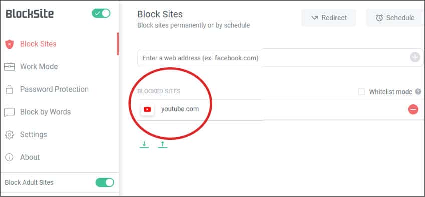 Blocking YouTube on Block Site extension