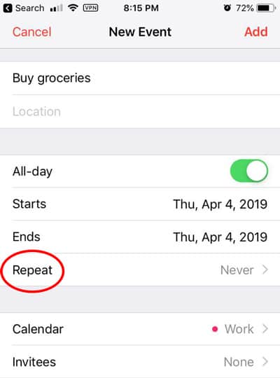 Repeat button on Calendar app on phone